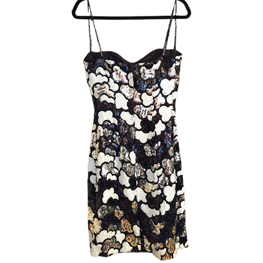 David Butler Cocktail Mini Dress w/ Black/Wht/Silver Sequins, Sz 12 UK, US 8 80s